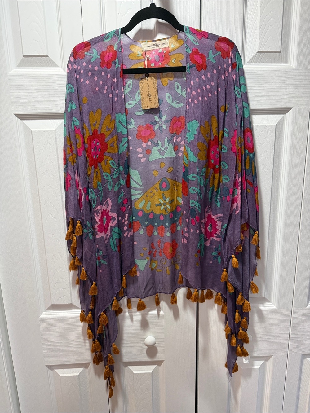 NATURAL LIFE Purple Floral Tassel Open-Front Shrug